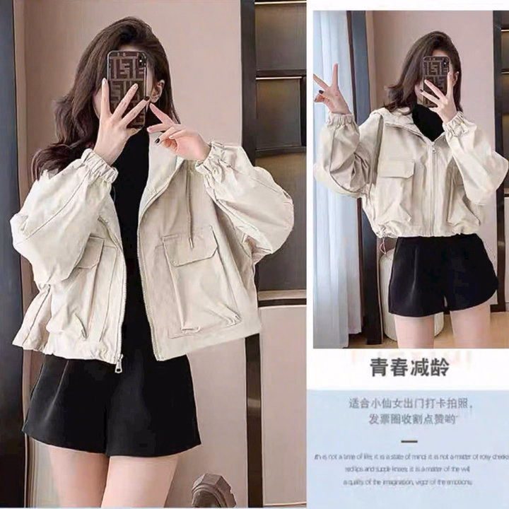 Áo Khoác Dù Nữ Croptop Có Nón Phối Túi Hộp - Htm Fashion - Ảnh 4