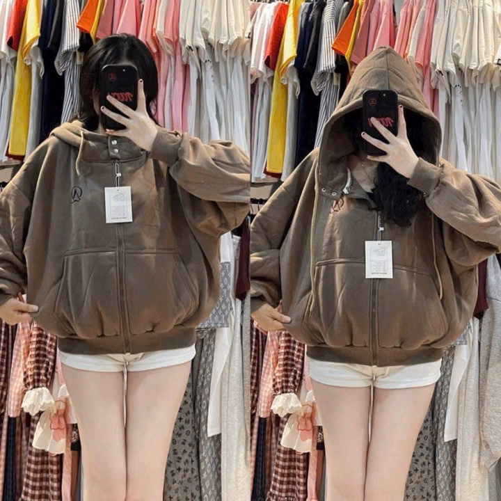 Áo Khoác Nỉ Form Rộng Nón Phối Nút Bấm Thêu Số 25 Sau Áo - Htm Fashion - Ảnh 8