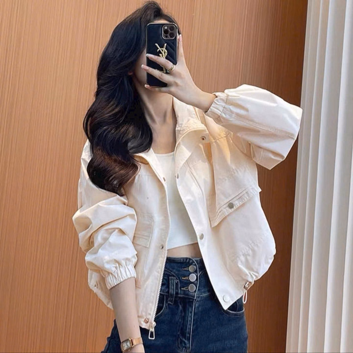 Áo Khoác Kaki Nữ Croptop Thiết Kế Khóa Kéo Và Nút Bấm - Htm Fashion - Ảnh 2