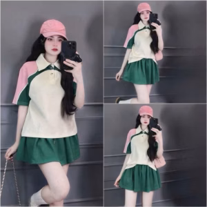 Set Áo Phối Màu Cổ Bẻ Mix Chân Váy Có Quần Trong Fs95Mf