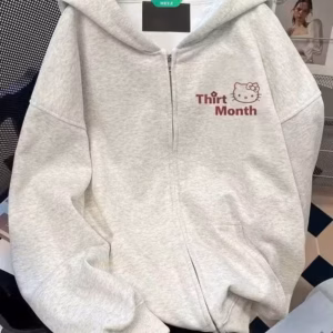 Áo Hoodie Zip Nỉ Bông Form Rộng Unisex In Chữ Thirt Month Mèo Kitty