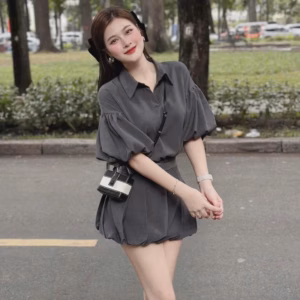 Set Cotton Lạnh Tay Phồng Chân Váy Bí Bồng Khóa Kéo Hông Bt105Yt