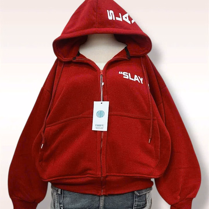 Áo Khoác Hoodie Nỉ Nam Nữ Có Nón Rộng Họa Tiết Slay Ở Nón Và Ngực - Htm Fashion - Ảnh 6