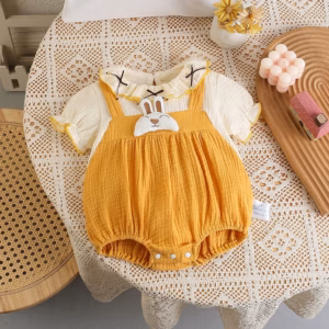 Đầm Body Tay Ngắn Cổ Tròn Giả Yếm Thỏ 3D Vàng Cho Bé Gái Sơ Sinh 1 2 Tuổi Từ 5-13Kg Dành Cho Bé Gái
