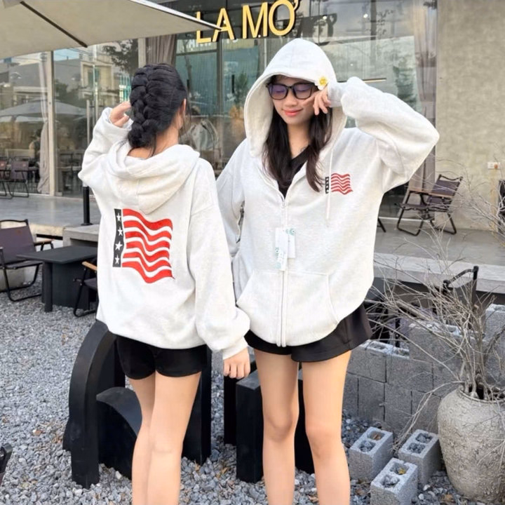 002 Áo Khoác Nỉ Form Rộng In Hình Lá Cờ - Ảnh 3