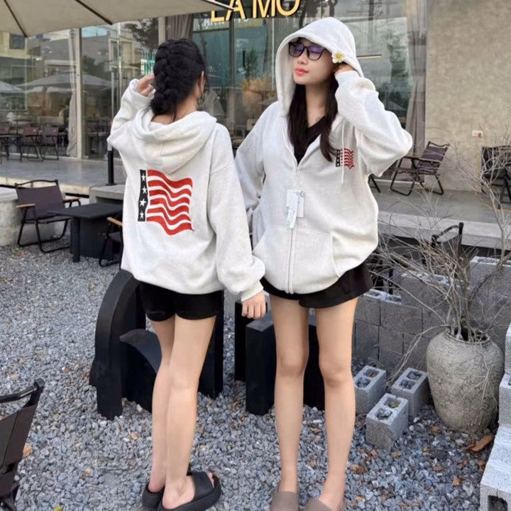 002 Áo Khoác Nỉ Form Rộng In Hình Lá Cờ - Ảnh 4