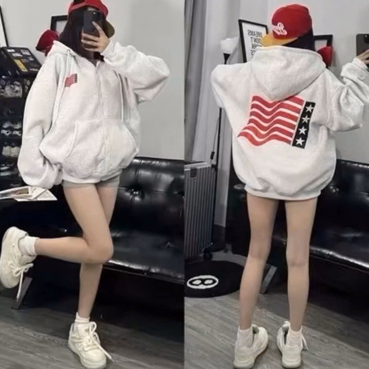 002 Áo Khoác Nỉ Form Rộng In Hình Lá Cờ - Ảnh 2