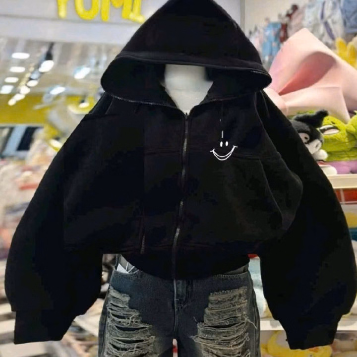 009 Áo Khoác Nỉ Unisex In Hình Mặt Cười Form Rộng - Ảnh 2