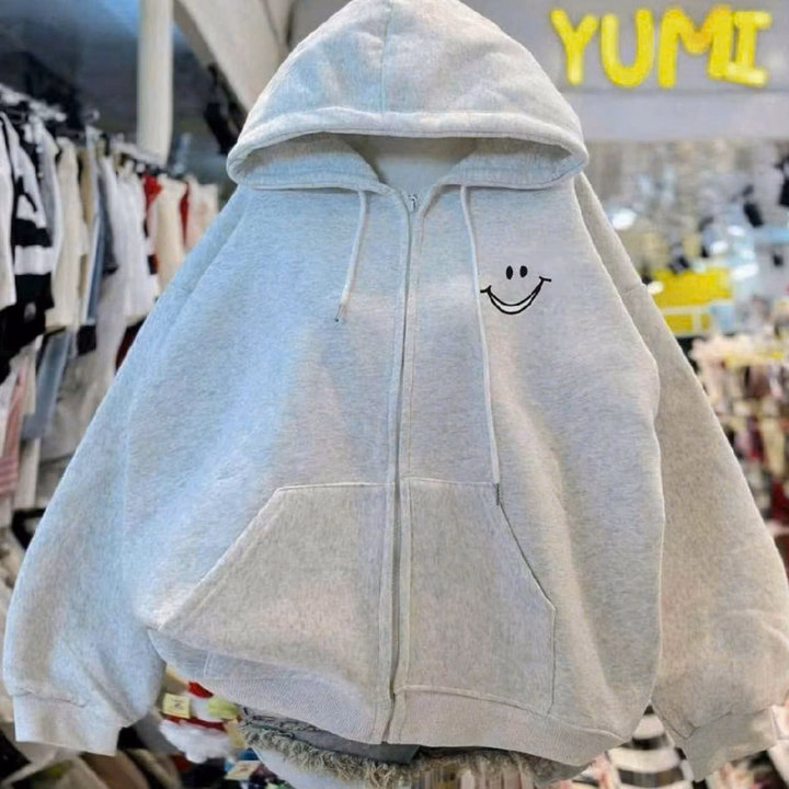 009 Áo Khoác Nỉ Unisex In Hình Mặt Cười Form Rộng