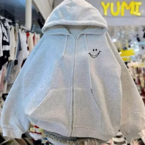 009 Áo Khoác Nỉ Unisex In Hình Mặt Cười Form Rộng