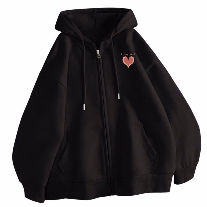 018 Áo Khoác Nỉ Mũ 2 Lớp Form Rộng In Hình Trái Tim Love Art