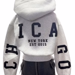 Áo Khoác Hoodie Nỉ Nữ Croptop Thêu Bông Hoa Ở Ngực Chữ Chicago Sau Áo - Htm Fashion