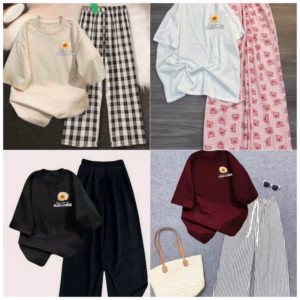 Tổng Hợp Set Bộ Quần Ống Suông Cạp Chun+Mix Áo Phông Chất Cotton_Hình Bông Hoa Cúc