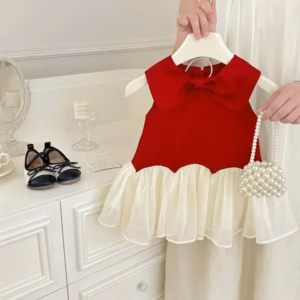 Đầm Xoè Bé Gái Tiểu Thư Đầm Kate Cổ Nơ Phối Voan Sang Chảnh Từ 12-36Kg Dành Cho Bé Gái