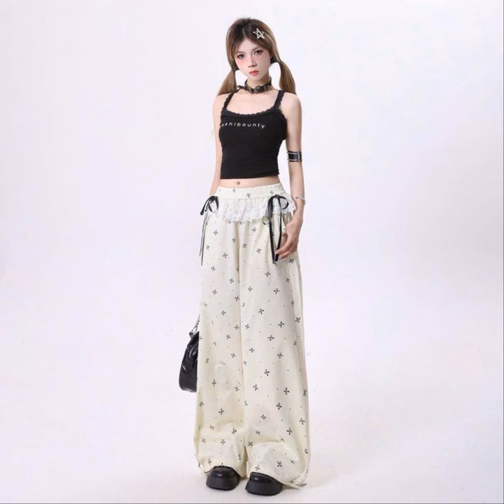 Quần Ống Suông Nữ Vải Dù Nhăn In Nơ Phối Viền Ren Lai Xinh Xắn Tp88 - Golden Dream - Ảnh 2