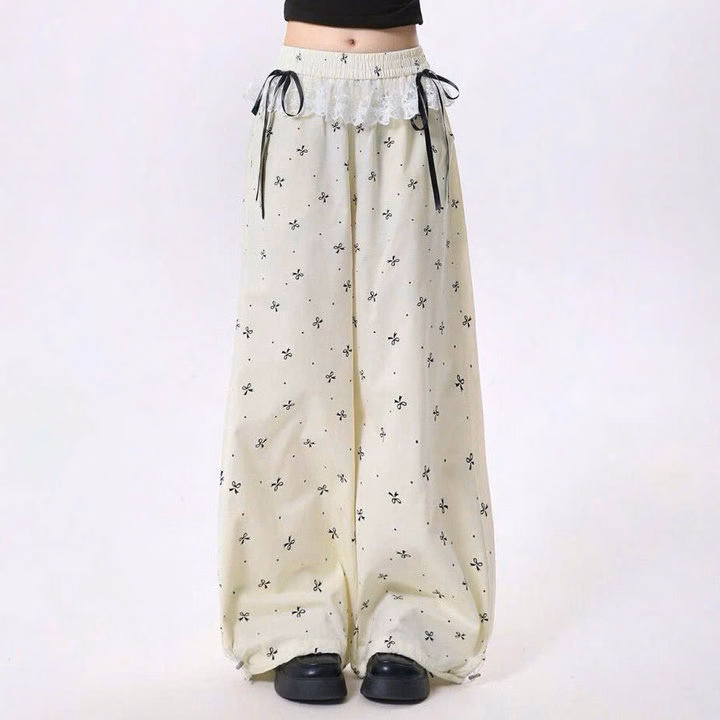 Quần Ống Suông Nữ Vải Dù Nhăn In Nơ Phối Viền Ren Lai Xinh Xắn Tp88 - Golden Dream