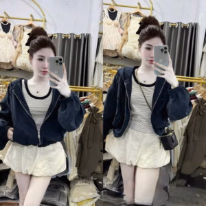 Áo Khoác Dù Gió Nữ Croptop Có Nón Thiết Kế Túi Có Khóa Kéo - Htm Fashion