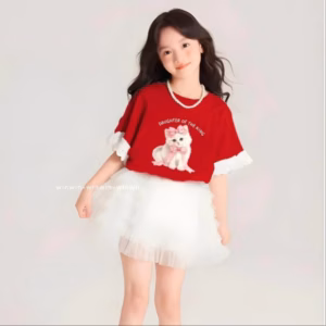 Set Đồ Bé Gái Áo Thun Mèo Phối Ren Tay + Chân Váy Voan Xếp Tầng Siêu Xinh Từ 12-45Kg Dành Cho Bé Gái