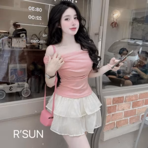 Set Chân Váy Ngắn Xòe Tầng Phối Áo Tăm Lạnh Trễ Vai Tb85Gd