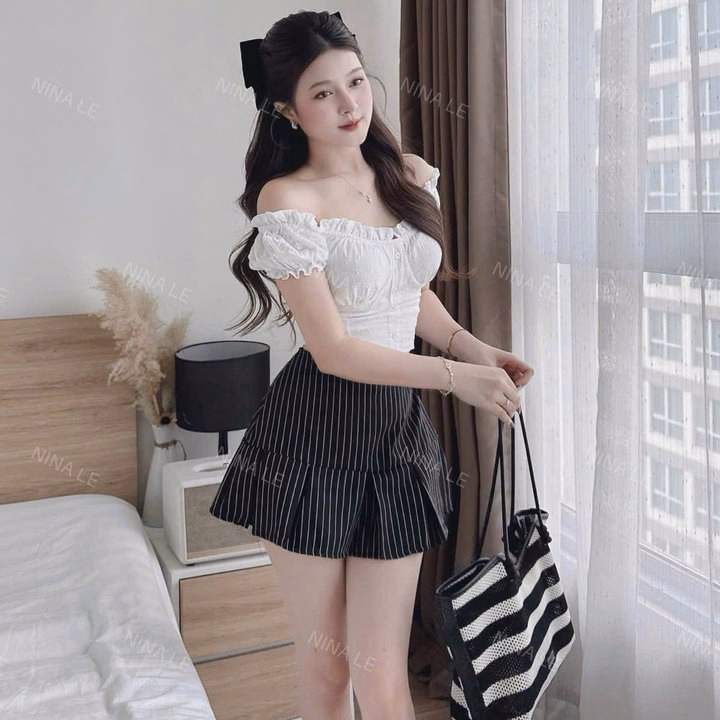 Set Ren Hoa Nổi Phối Chân Váy Kaki Sọc Xếp Ly Tb110Hs - Ảnh 3