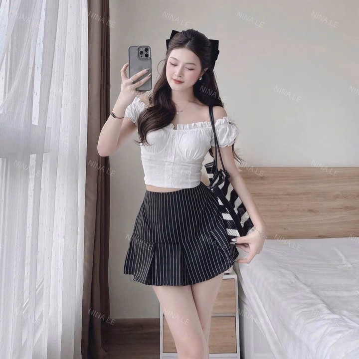 Set Ren Hoa Nổi Phối Chân Váy Kaki Sọc Xếp Ly Tb110Hs - Ảnh 2
