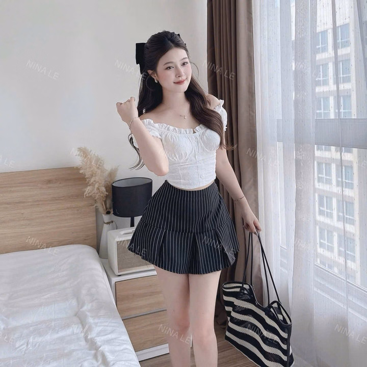 Set Ren Hoa Nổi Phối Chân Váy Kaki Sọc Xếp Ly Bt110Rs - Ảnh 2