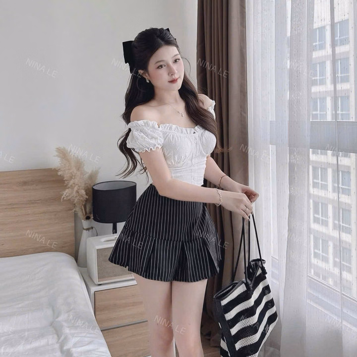 Set Ren Hoa Nổi Phối Chân Váy Kaki Sọc Xếp Ly Bt110Rs - Ảnh 3