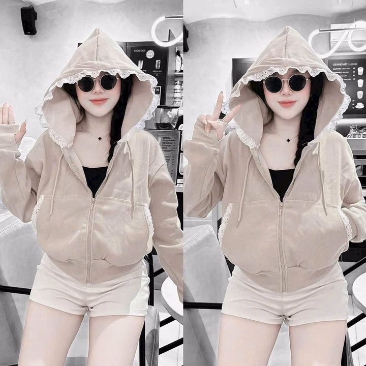 Áo Khoác Nhung Tăm Dày Dặn Nữ Phối Viền Ren Mũ Xinh Xắn, Có Túi Trong Tp498 - Golden Dream - Ảnh 7