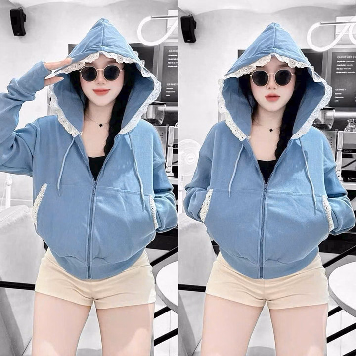 Áo Khoác Nhung Tăm Dày Dặn Nữ Phối Viền Ren Mũ Xinh Xắn, Có Túi Trong Tp498 - Golden Dream