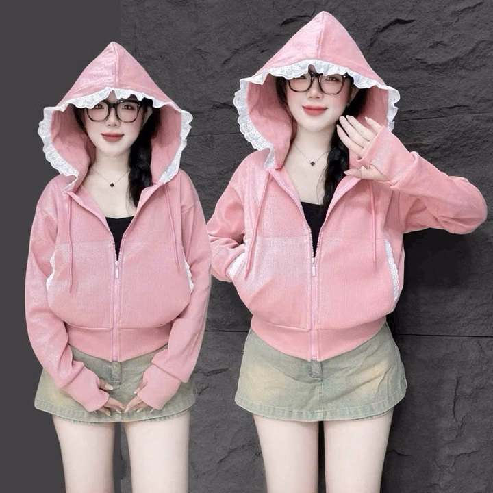 Áo Khoác Nhung Tăm Dày Dặn Nữ Phối Viền Ren Mũ Xinh Xắn, Có Túi Trong Tp498 - Golden Dream - Ảnh 6