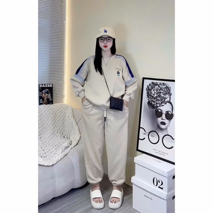 Set Bộ Đồ Nỉ Dáng Dài Nữ Họa Tiết Gấu Steye Không Nón Mùa Thu Đông - Htm Fashion - Ảnh 2