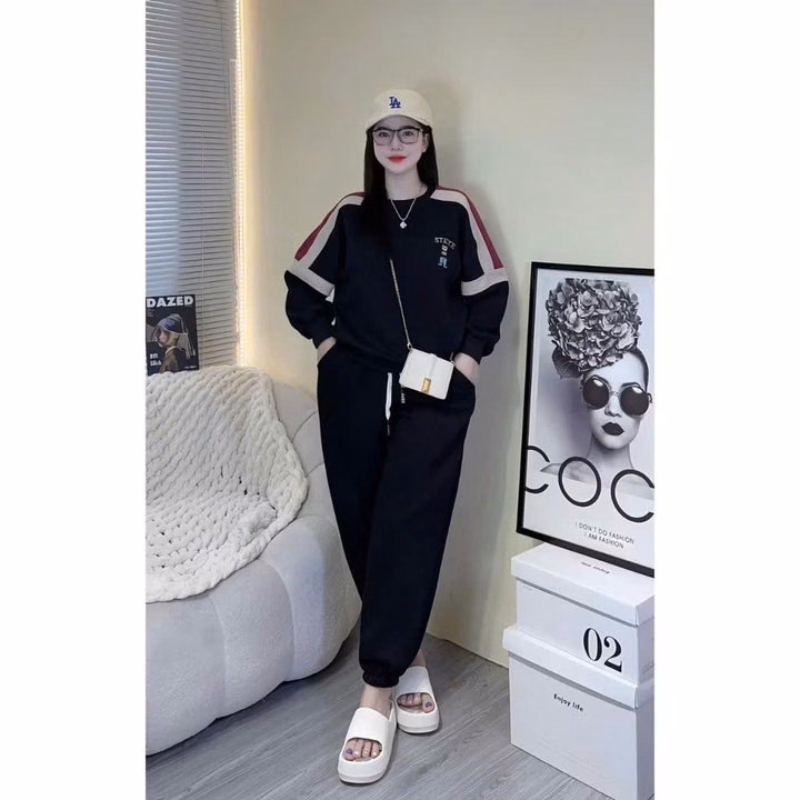 Set Bộ Đồ Nỉ Dáng Dài Nữ Họa Tiết Gấu Steye Không Nón Mùa Thu Đông - Htm Fashion - Ảnh 3