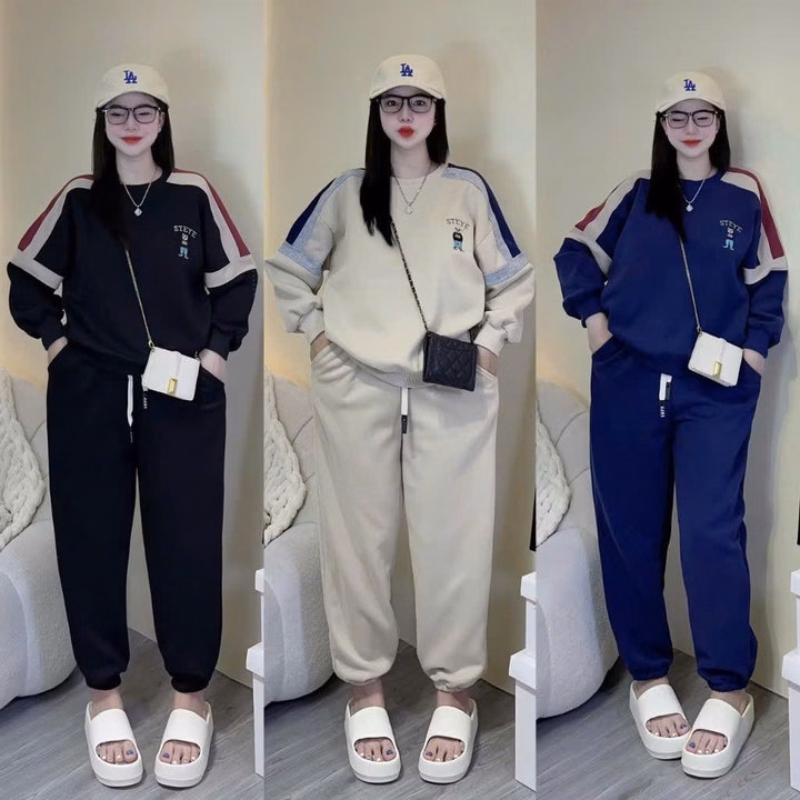 Set Bộ Đồ Nỉ Dáng Dài Nữ Họa Tiết Gấu Steye Không Nón Mùa Thu Đông - Htm Fashion