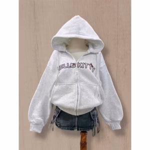 023 Áo Khóa Hoodie In Chữ Hello Kitty Màu Xám