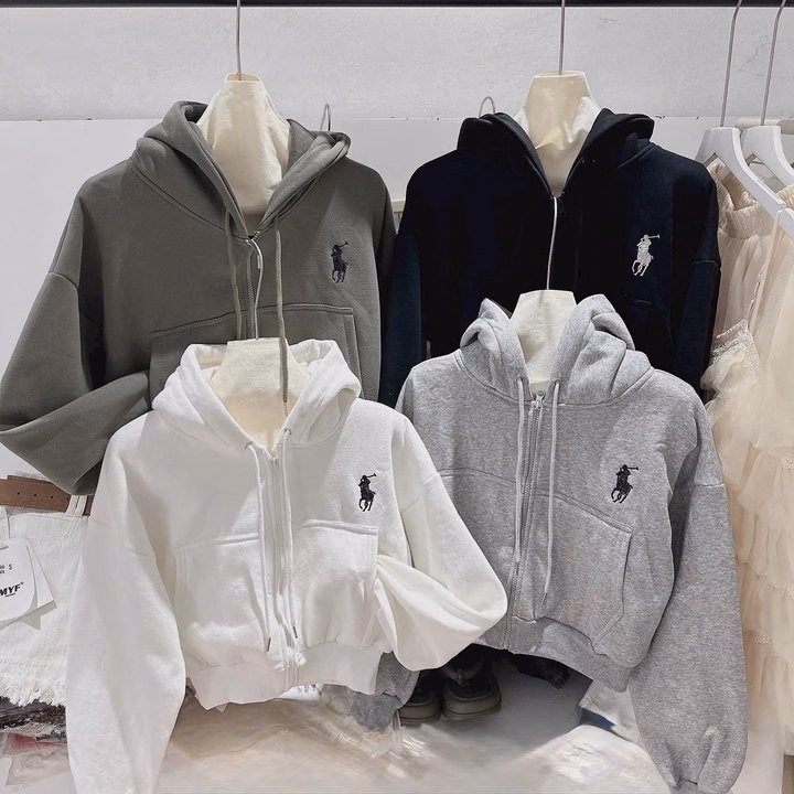 Áo Khoác Nỉ Lửng Nữ Croptop Thêu Chú Ngựa Có Nón Chống Nắng - Htm Fasion