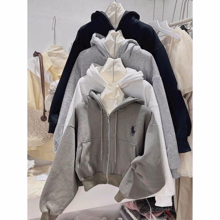 Áo Khoác Nỉ Lửng Nữ Croptop Thêu Chú Ngựa Có Nón Chống Nắng - Htm Fasion - Ảnh 2