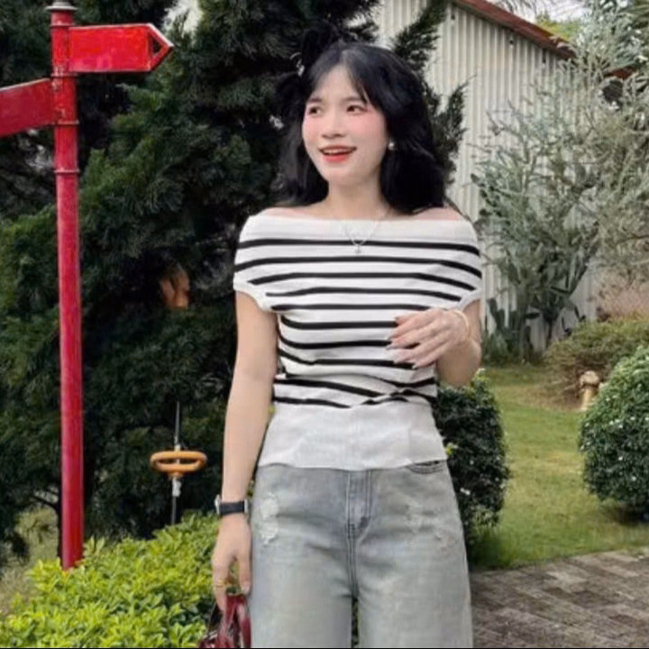 Áo Len Trễ Vai Hoạ Tiết Kẻ Ngang Mẫu Mới Thời Trang Dành Cho Bạn Nữ-Chipxinhxk - Ảnh 6