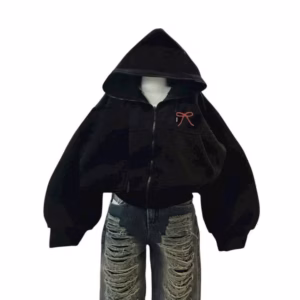 025 Áo Khóa Hoodie Nỉ Form Rộng Mũ 2 Lớp In Nơ Đỏ Unisex