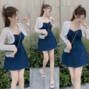 Set Denim Mút Ngực Đính Nơ Kèm Áo Khoác Len Ren Bt115La