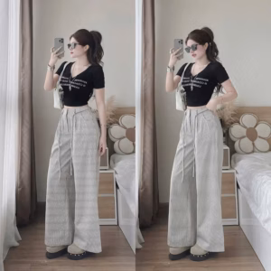 Set Áo Thun Tăm Phối Quần Kate Sọc Dài Rộng Bt103Hs