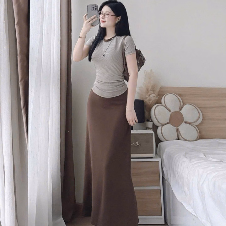 Set Áo Thun Tăm Lạnh Phối Chân Váy Dáng Dài Bt90Jq - Ảnh 3