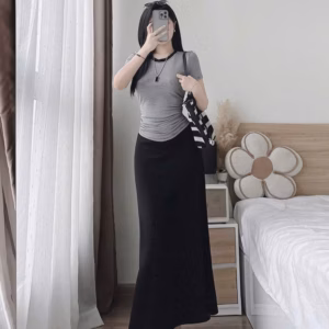 Set Áo Thun Tăm Lạnh Phối Chân Váy Dáng Dài Bt90Jq