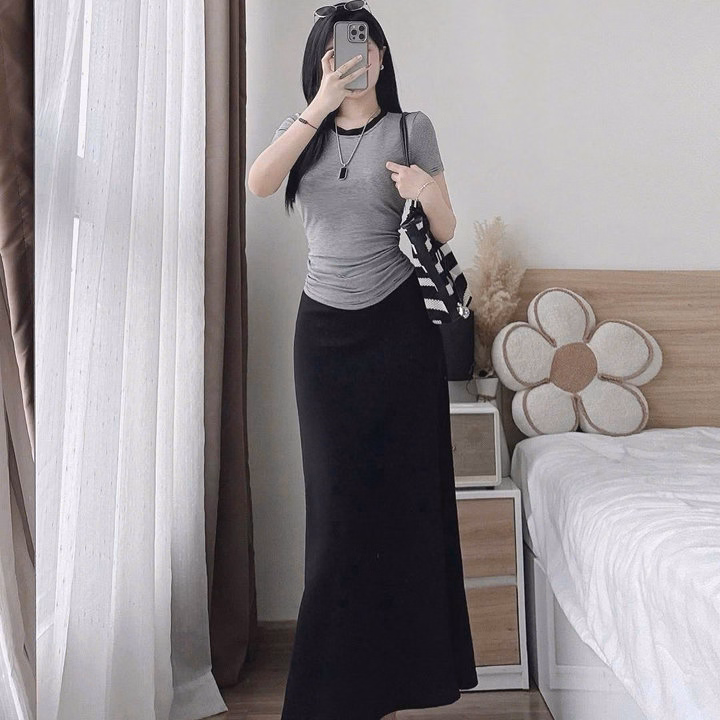Set Áo Thun Tăm Lạnh Phối Chân Váy Dáng Dài Bt90Jq