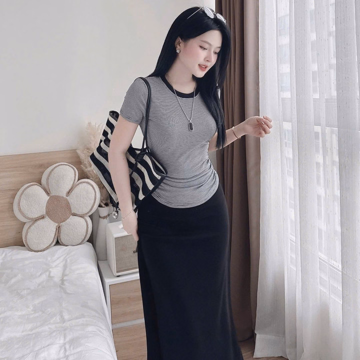 Set Áo Thun Tăm Lạnh Phối Chân Váy Dáng Dài Bt90Jq - Ảnh 4