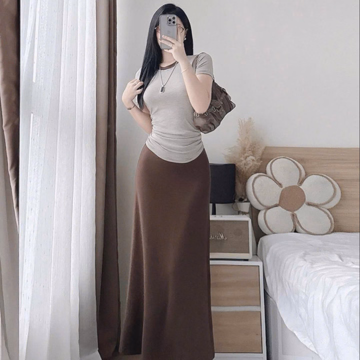 Set Áo Thun Tăm Lạnh Phối Chân Váy Dáng Dài Bt90Jq - Ảnh 2