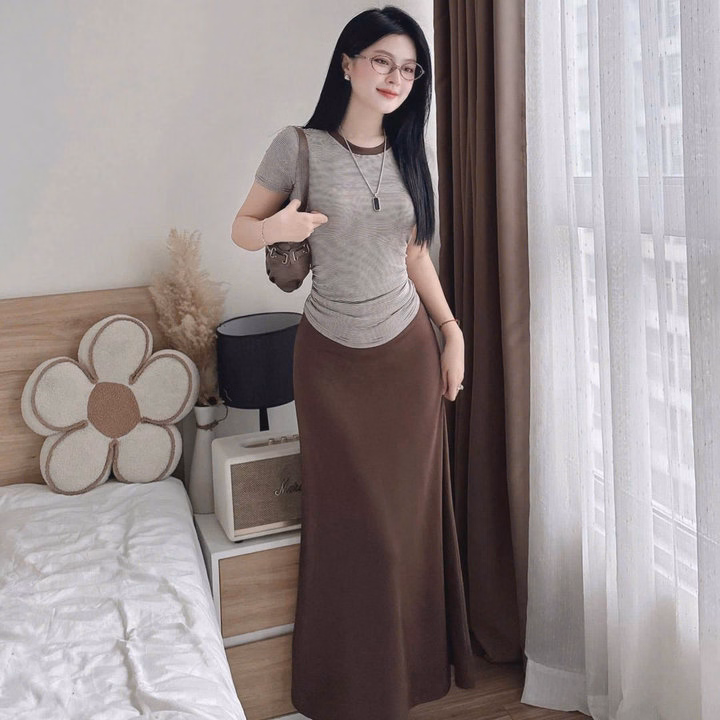 Set Áo Thun Tăm Lạnh Phối Chân Váy Dáng Dài Bt90Jq - Ảnh 5