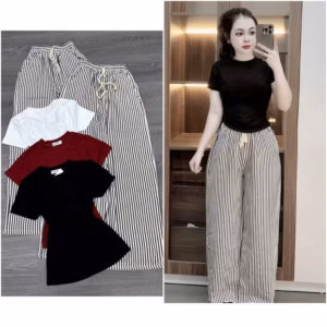 031 Set Đồ Basic Thoải Mái – Áo Thun Đen Ôm Dáng & Quần Suông Kẻ Sọc