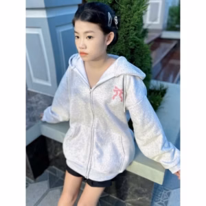 034 Áo Khoác Hoodie Nỉ Xám In Nơ Hồng Basic Có Mũ Túi