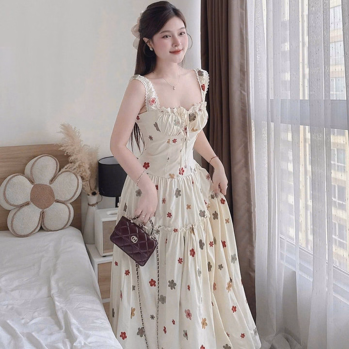 Đầm Maxi Lụa Hoa Mút Ngực Tầng Phối Ren Dáng Dài Bt90Rx