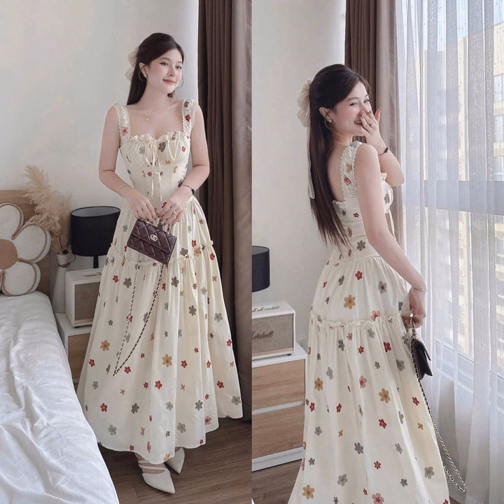 Đầm Maxi Lụa Hoa Mút Ngực Tầng Phối Ren Dáng Dài Bt90Rx - Ảnh 2